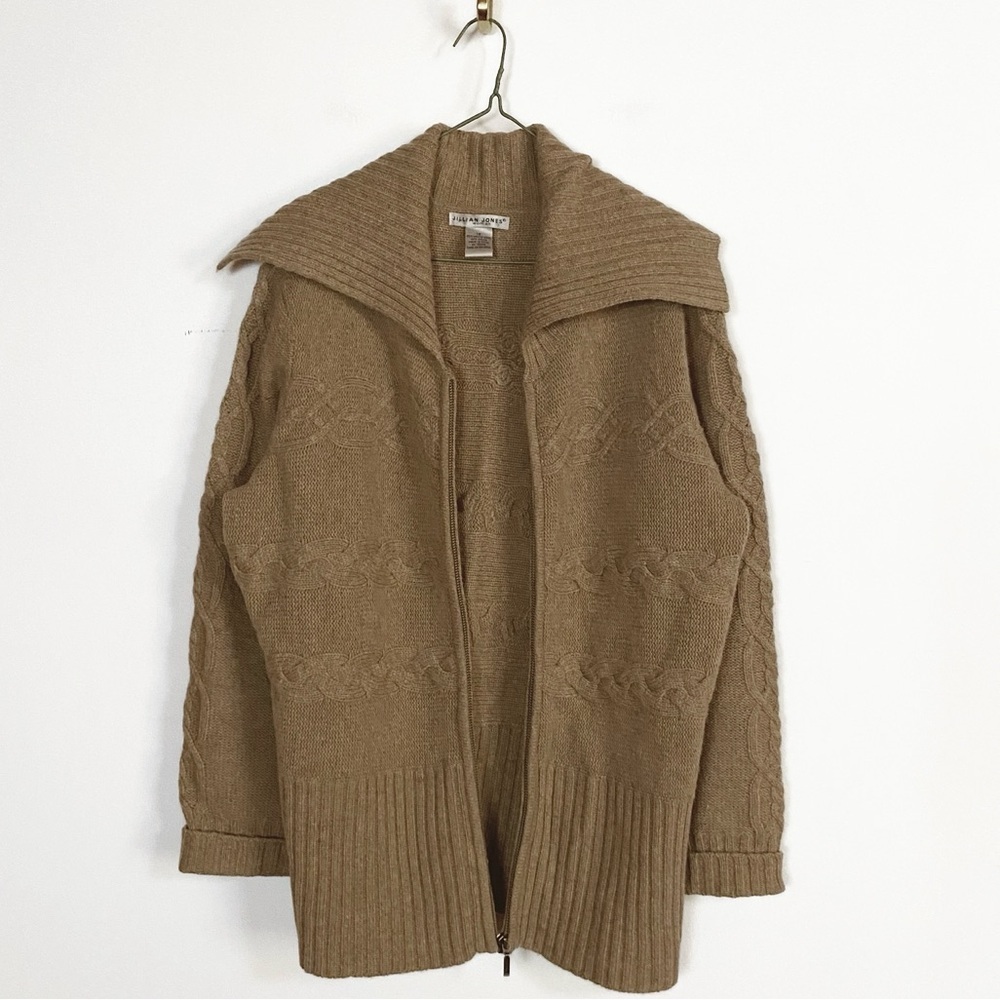 JILLIAN JONES Lambs Wool blend Cableknit zip up Sweater Neutral Tan Womens 1X